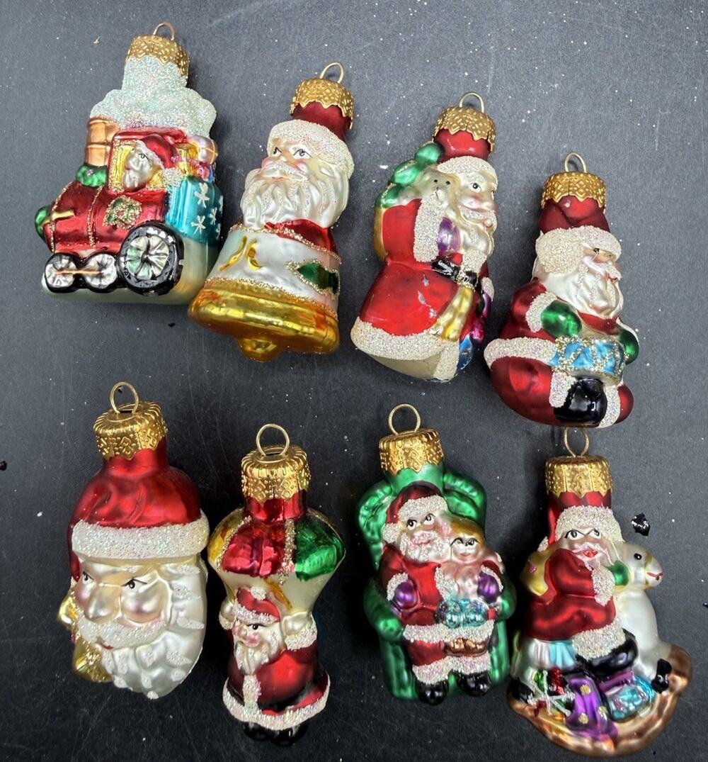 Lot Of 8 Unique Treasures Santa Hand Blown & Painted Crafted Glass Ornaments BG1